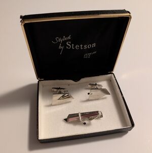 Vintage Stetson Silver Western Cufflinks and Tie Clip Set